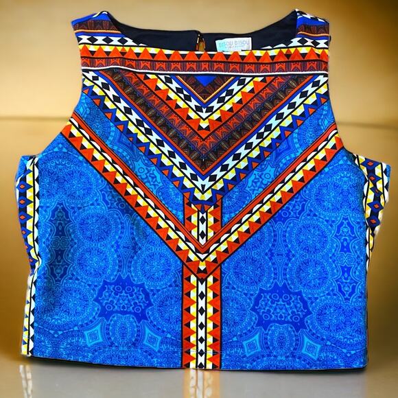 🔥Bisou Bisou High-Neck Scuba Crop Top Boho Tribal Southwestern Geo Y2K Blue L - Picture 1 of 6